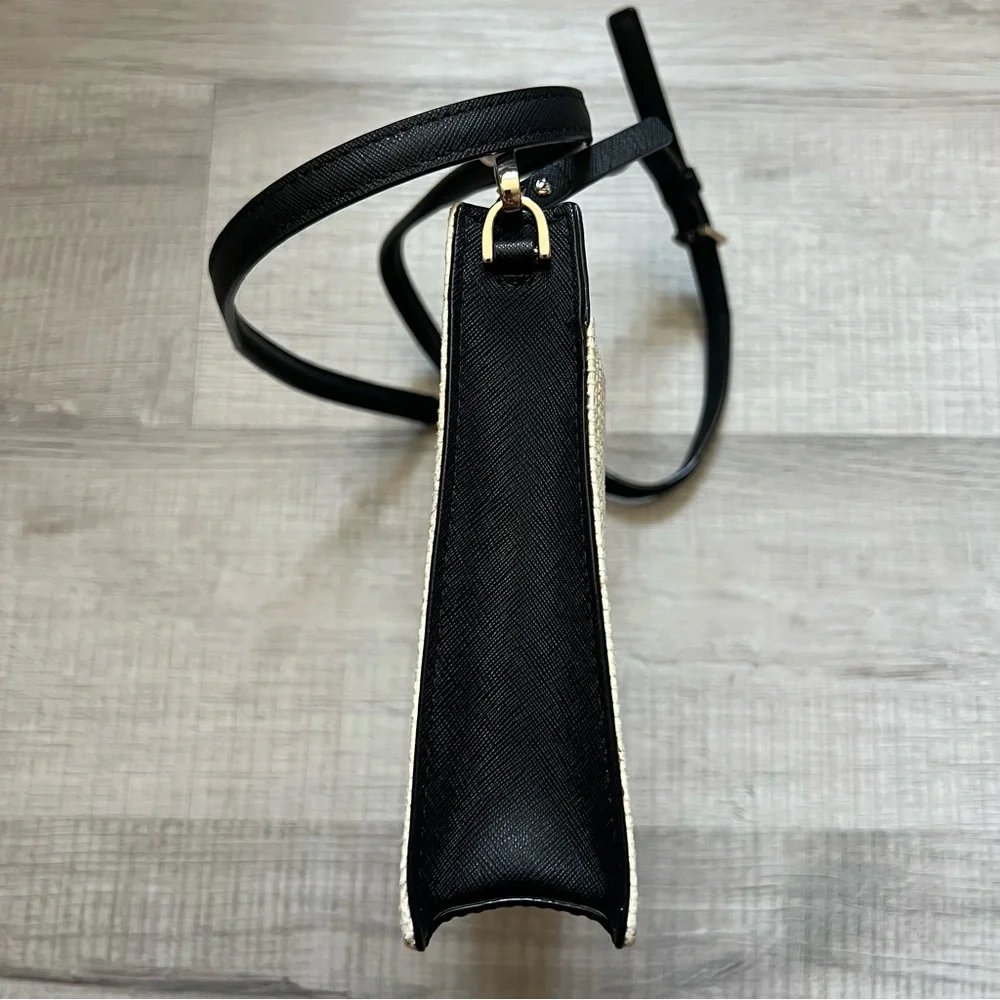 KATE SPADE NEW YORK Raffia Crossbody Bag Elegant Black and Cream